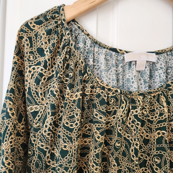 Michael Kors Womens Top Green Gold Chain Link Logo Print 3/4 Sleeve 3X - Picture 5 of 12